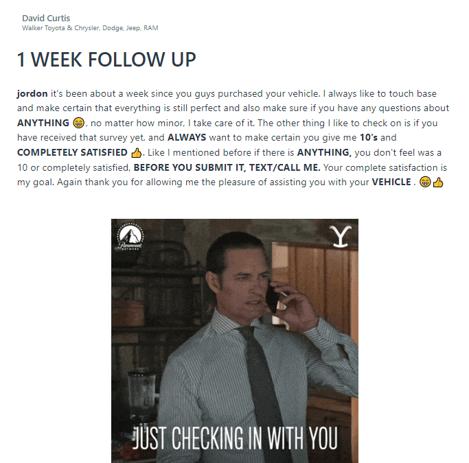 Sales rep uses video messaging to re-engage customer with a one-week follow-up message