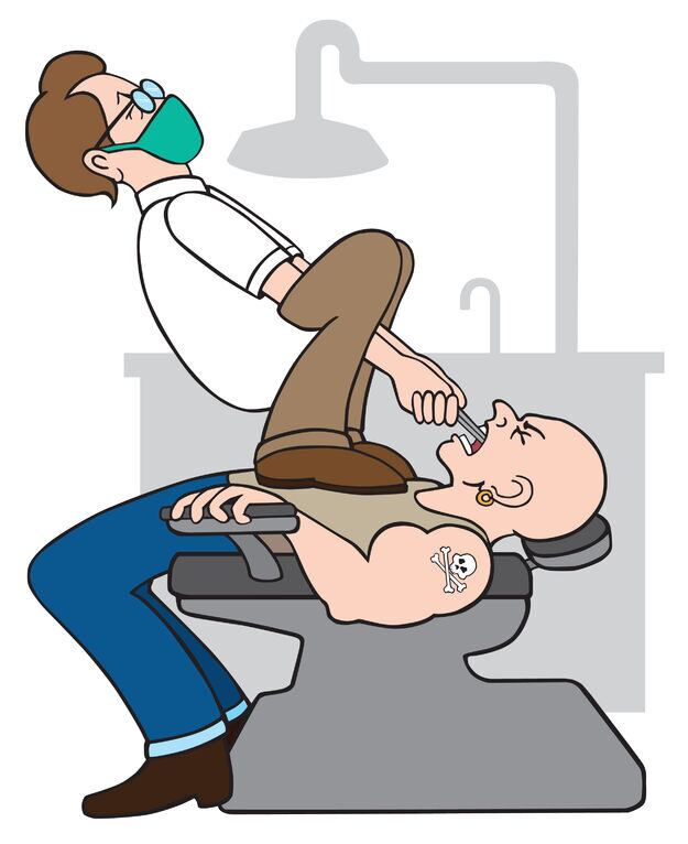 dentist trying to extract tooth from tough biker
