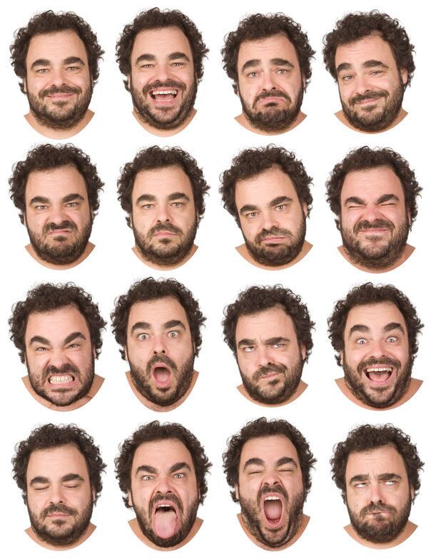 short curly hair and beard brunette adult caucasian man collection set of face expression like happy, sad, angry, surprise, yawn isolated on white