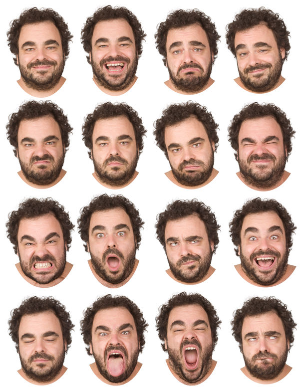 short curly hair and beard brunette adult caucasian man collection set of face expression like happy, sad, angry, surprise, yawn isolated on white
